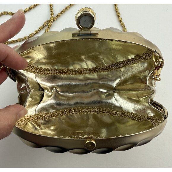 Vtg Harmony Italy 2-Tone Clamshell Evening Clutch Purse w/ Chain Jeweled Clasp - Picture 11 of 12